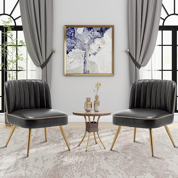 Aklaus Accent Chairs Set of 2 for Living Room Bedroom.Upholstered Reading Chair Faux Leather Modern Corner Chair Armless Chair with Larger Seat Comfy Side Chairs for Office Waiting Room Black