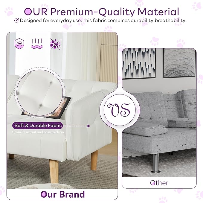 TYBOATLE Modern White Faux Leather Upholstered Convertible USB Folding Futon Sofa Bed 65 Couch Love Seats Furniture for Small Space Configuration Apartment Dorm Living Room Office