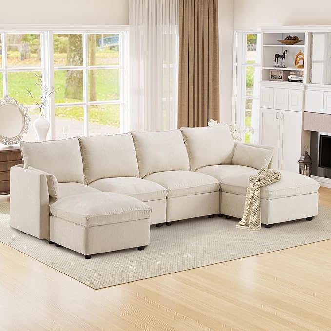 Furnimart 110.6 Modular Sectional Sofa with Full Seat Storage U-Shaped 6-Seater Deep Seat Couch with Chenille Fabric Sectional with 2 Movable Ottomans for Living Room Beige