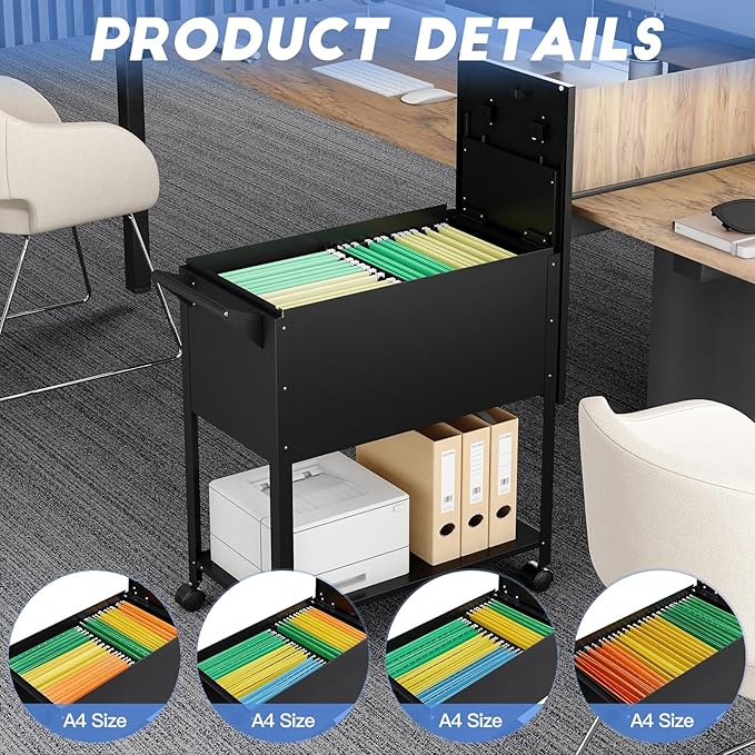 Yizosh Metal Rolling File Storage Cart with Wheels Mobile File Cabinet with Lock Filing Cabinet Organizer for Legal/A4 (Black)