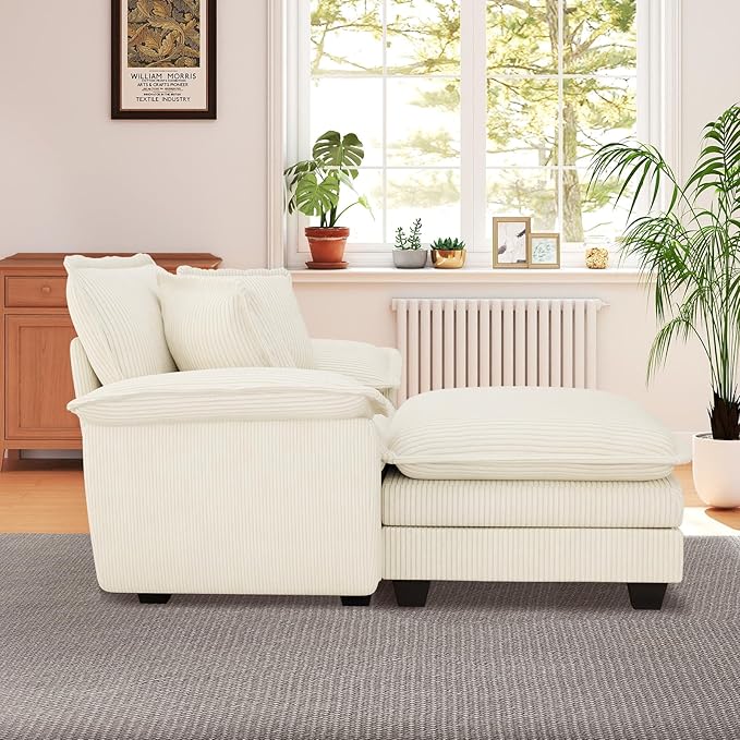48 W Oversized Chaise Lounge Chair Indoor with Ottoman Upholstered Cloud Accent Chair with Extra Wide Armrests Comfy Green Corduroy Sleeper Chair for Living Room Bedroom Reading (Beige)
