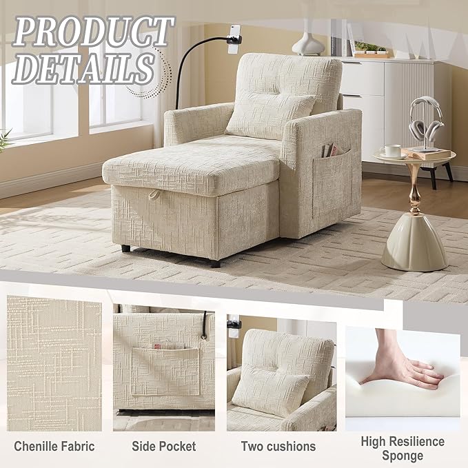Multifunctional Recliner Sofa Chair with Storage Phone Holder &amp Adjustable Backrest Chenille Fabric Single Leisure Chair for Living Room Bedroom Small Spaces (Beige)
