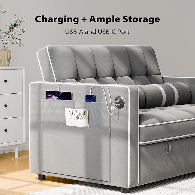 Pipishell 3 in 1 Convertible Sleeper Sofa BedPull Out Couch for Living Room with USB Ports &amp Side PocketsAdjustable BackrestVelvetLoveseat Sofa BedFuton CouchesBlack