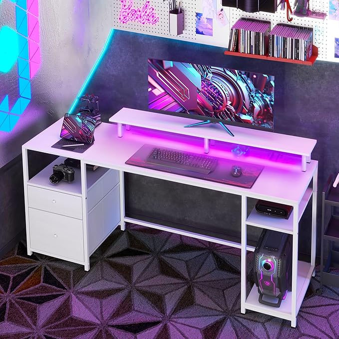 61 Computer Desk with LED Lights Power Outlets and USB Ports Gaming Desk with Storage Shelves Monitor Stand Fabric Drawers Remote for Home Office Study Distressed White