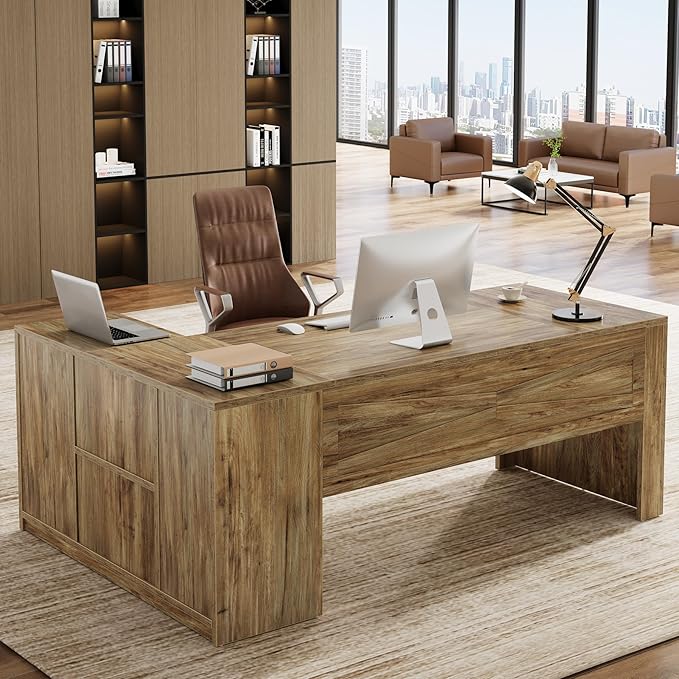 Tribesigns 71 L-Shaped Executive Desk with File Cabinet Large Office Computer Table with Storage Shelves Professional Business Furniture Workstation for Home Office Rustic Brown