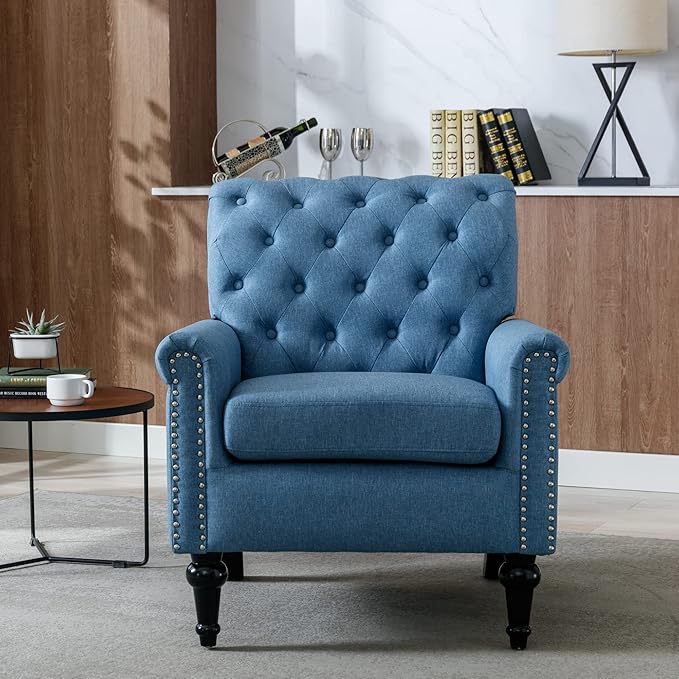 Upholstered Accent ChairsMid Century Armchair Sofa ChairsComfy Living Room ChairButton Tufted Reading Chair for Living Room BedroomStudy (2 Blue)