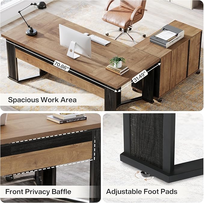 Tribesigns 70.86 Executive Desk with Mobile File Cabinet Large L Shaped Computer Office Desk with 2 Drawers and Storage Shelves Business Furniture Desk Workstation for Home Office (Light Brown)