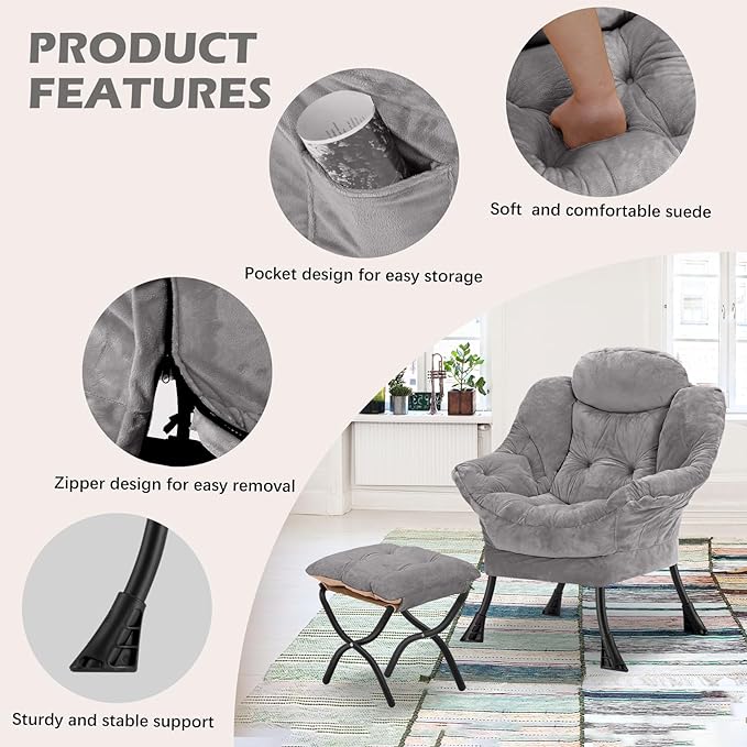 Lazy Chair with Folding OttomanLeisure Sofa ChairSoft Fabric Armchair with Armrests and Side Pockets Reading Chair with Footrest for Living Room Bedroom Office (Plush Light Grey)