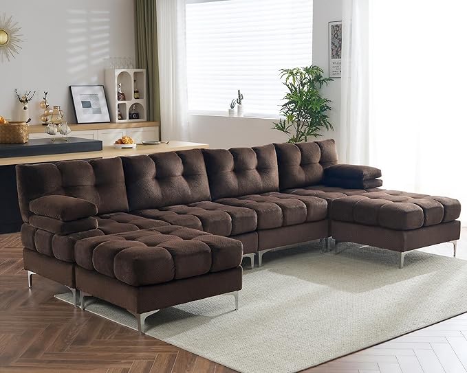 PaPaJet 124 Inch Sectional Sofa 6 Seater Modular Sectional Couch with Metal Legs U Shaped Sofa Couch for Living Room Dark Brown