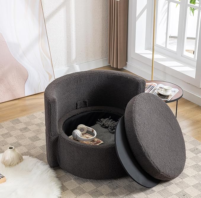 FOXHUNTER Swivel Barrel Chair 360 Degree Oversized Swivel Accent Chair with 3 Pillows Swivel Storage Chair for Nursery Living Room Bedroom 31.5D X 33.9W X 33.86H Inch (Teddy Dark Gray)