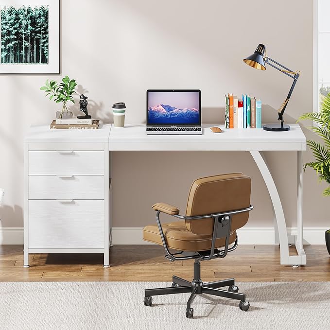 Tribesigns Computer Desk with 3 Drawers 59-Inch PC Desk with Reversible Drawers Industrial Study Writing Table Workstation with File Storage for Home Office White