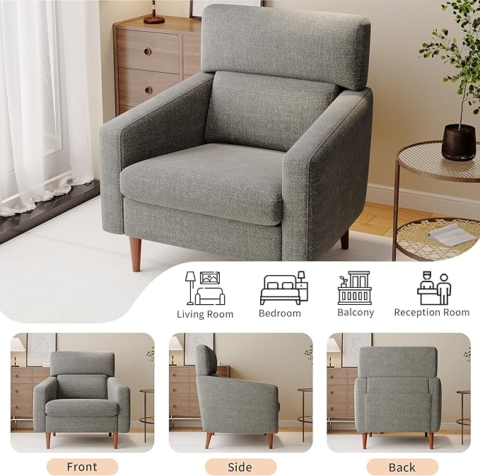 EJUNQ Mid-Century Accent ChairFabric Modern Reading Living Room Chairs Upholstered Armchair with Wood LegsCozy Reading Chair for Living RoomBedroom（Grey