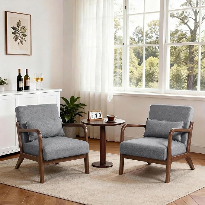 Mid Century Accent Chair Comfy Arm Chair with Solid Wood Frame Upholstered Modern Chair for Living Room Bedroom Waiting Room Dark Grey
