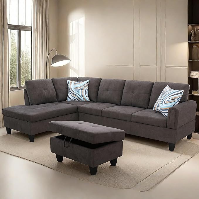 L Shaped Sectional Couches Modern Convertible Lounge Sofa with Ottoman Storage Comfy Modular Sectional Sofa for Living Room Furniture Sets Small Spaces Bedroom Coffee