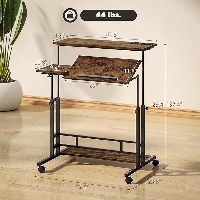 HOMCOM Height Adjustable Standing Desk with Power Outlets Stand Up Desk with Tiltable Tabletop Lockable Wheels Bottom Shelf Rolling Workstation for Home Office Brown