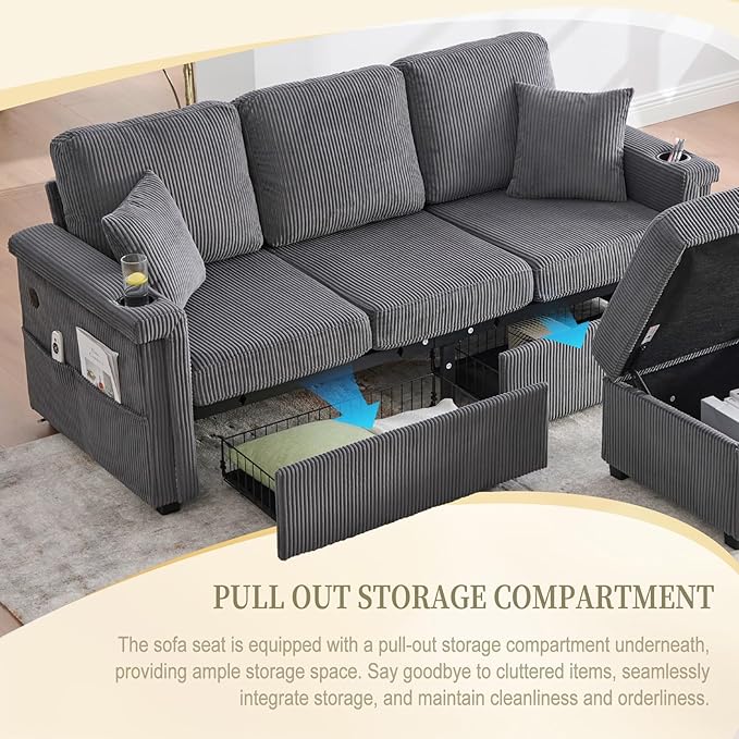L-Shaped Sectional Sofa with Storage &amp Movable Ottoman Corduroy 3 Seater Sectional Couch with USB Charging Cup Holder &amp LED Light Couches for Living Room (Dark Gray 76.38)