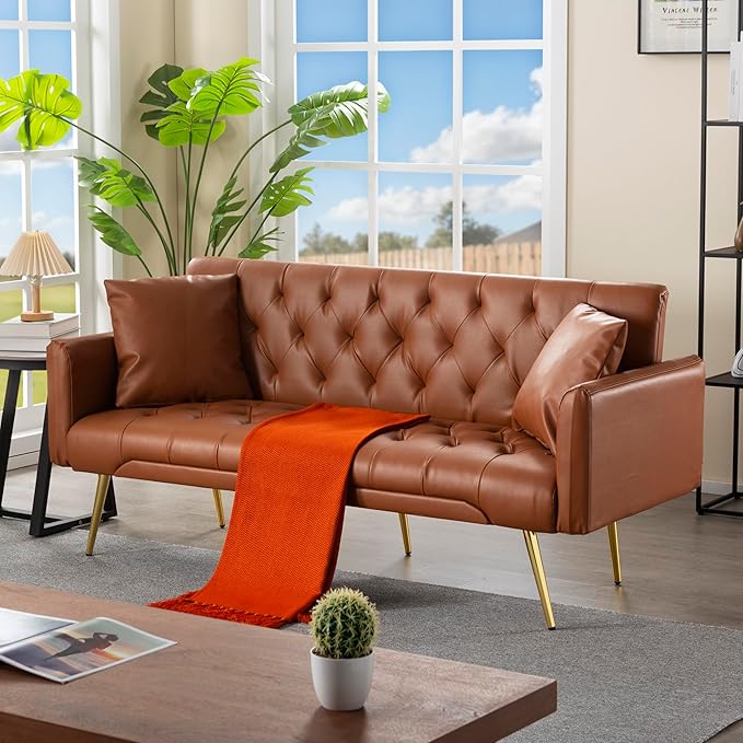 68” Convertible Futon Couch BedFoldable Loveseat Sleeper with Adjustable BackrestSofa Bed with 2 Pillows and Armrest for Living Room (Brown)