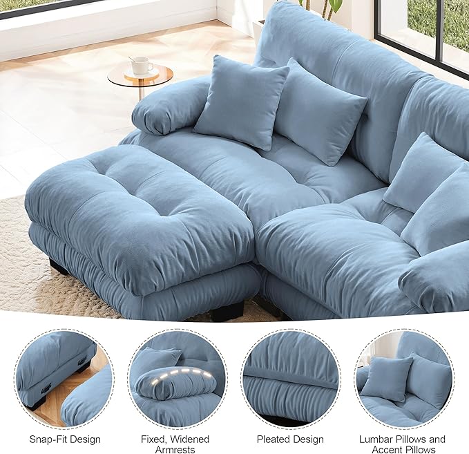 Cloud Couch 133.8“ Sectional Couches for Living Room Oversize Deep Seat U Shaped Couch Chenille Fluffy 3 Seats Sofa with 2 Ottomans Blue