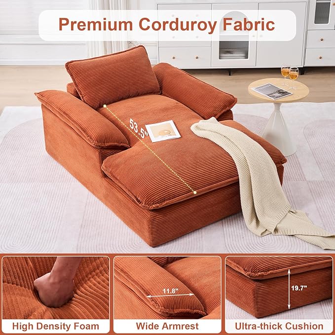 GNIXUU 67 Oversized Chaise Lounge Chair Indoor Corduroy Upholstered Boneless Sleeper Sofa Bed Comfy Large Reading Chair with Wide Armrests Plush Cloud Couch for Living Room Bedroom Orange | easy