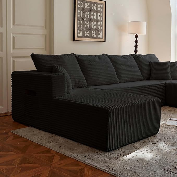 134 Black Boneless Couch with Ottoman  Sectional Couches for Living Room L Shaped Couch 4 Seat Sofa with Pearl PipingCompression Sofa for Bedroom Comfy  No Assembly Corduroy (134’‘ Black)