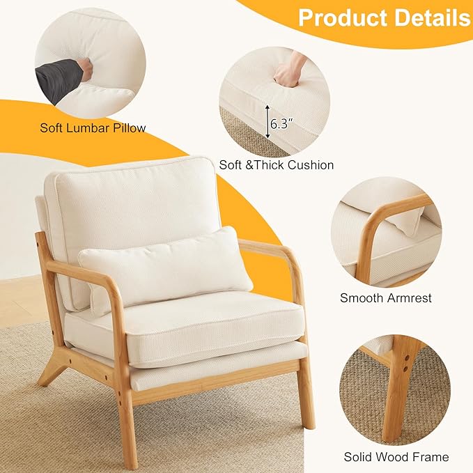 Karl home Accent Chair Mid-Century Modern Chair with Pillow Upholstered Lounge Arm Chair with Solid Wood Frame &amp Soft Cushion for Living Room Bedroom Balcony Linen White (Low Back)