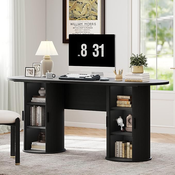blini Executive Office Desk with Storage Fluted Wood Computer Desks with 2 Sliding Doors Mid Century Modern Oval Writing Table for Home Office Study Room Living Room