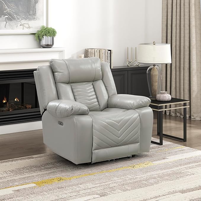 Lexicon Power Recliner Chair Faux Leather Upholstered Home Theater Seating with LED Lighting USB Charging Ports Single Wall Hugger Reclining Chair for Living Room/Bedroom Easy Assembly Gray