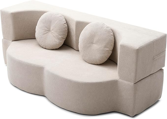 KEIKI 2-in-1 Folding Sofa Bed with Pillow Queen Sleeper Sofa Floor &amp Futon Loveseat Couch Foam Folding Mattress for Living Room Guest Use Office Apartment No Assembly Required Beige