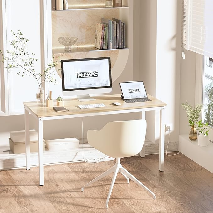 Teraves Computer Desk/Dining Table Office Desk Sturdy Writing Workstation for Home Office (47.24” Beige + White Frame)