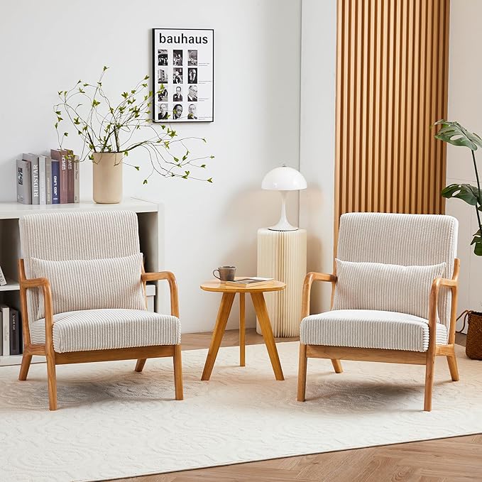 QQU Corduroy Accent Chairs with Waist Cushions Mid-Century Modern Living Room Chairs Sturdy Wood Frame Armchairs Upholstered Accent Chairs for Living Room Bedroom Apartments Beige
