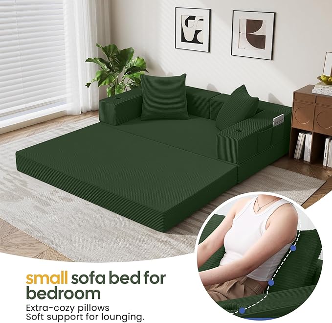 COMAX Futon Sofa Bed 4‑in‑1 Convertible Sofa Bed Folding Boneless Couches for Living Room Fold Out Small Foldable Loveseat Floor Sleeper Comfy Mattress Lounge Space‑Saving Green
