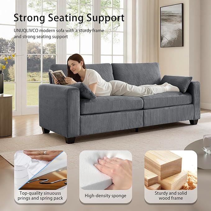 Modern Loveseat Sofa for Living Room Removable Cover Spring Cushions Solid Wood Frame Wide Armrest Corduroy Fabric Recliner Couches for Small Space (Gray Corduroy 81 inch)