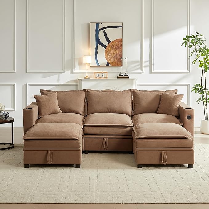 92 U-Shaped Sectional Couch for Living Room Cloud Modular Sofa with Large Storage Ottoman 5-Seat Fluffy Chenille Couch for Bedroom Brown