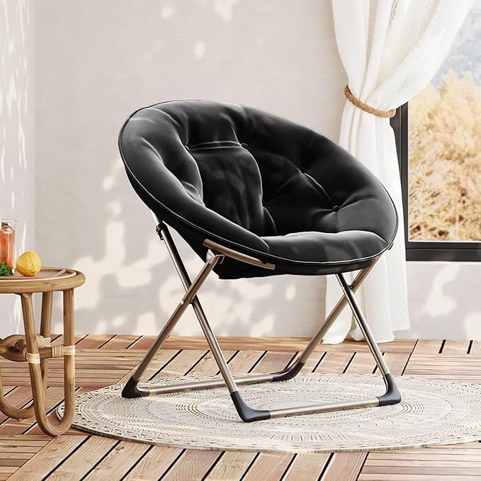 GarveeHome Comfy Oversized Saucer Chair – Soft Plush Fabric Reading Lounger for Adults Stable X-Large Metal Frame Foldable Accent Lazy Chair for Bedroom Living Room Dorm Office Black