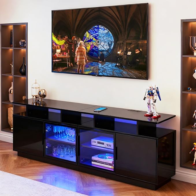 70 Inch Black TV Stand with LED Lights Power Strips and USB Charging Station for Mobile Phones Transparent Glass Door Storage Cabinet Entertainment Center with Large Storage Space