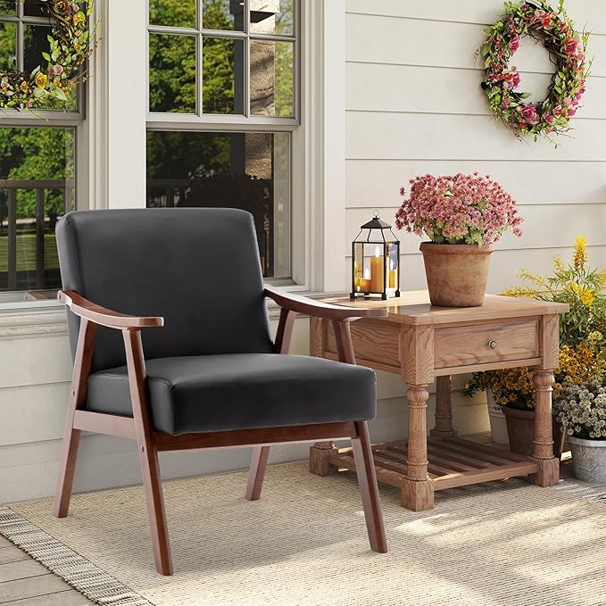 Rovibek PU Leather Accent Chair with Arms - Mid Century Modern Accent Chairs with Wood Frame Upholstered Arm Chairs with 5.9in Thick Foam Black Occasional Chair