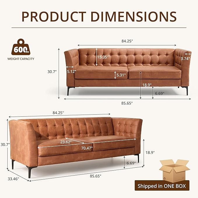 85'' W Faux Leather Sofa with Button Tufted 3 Seater Sofa with Metal Legs and Deep Seats Mid Century Modern Leather Couch for Living Room Bedroom Apartment Camel