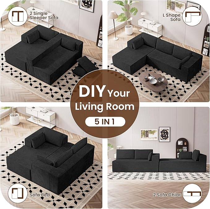 106 Cloud Sectional Boneless Couches for Living Room Modular U Shaped Couch with Deep Seat Removable Ottoman Memory Foam Compressed Spineless 4 Seater Sofa for Bedroom Apartment Black