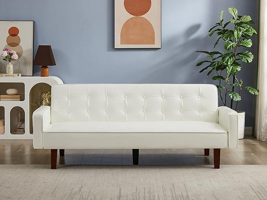 74.4 Faux Leather Couch Bed Sofa Bed Small Space Sleeper Couch with Adjustable Backrest Mid Century Modern Couches for Small Living Room Office Bedroom Apartment (White)