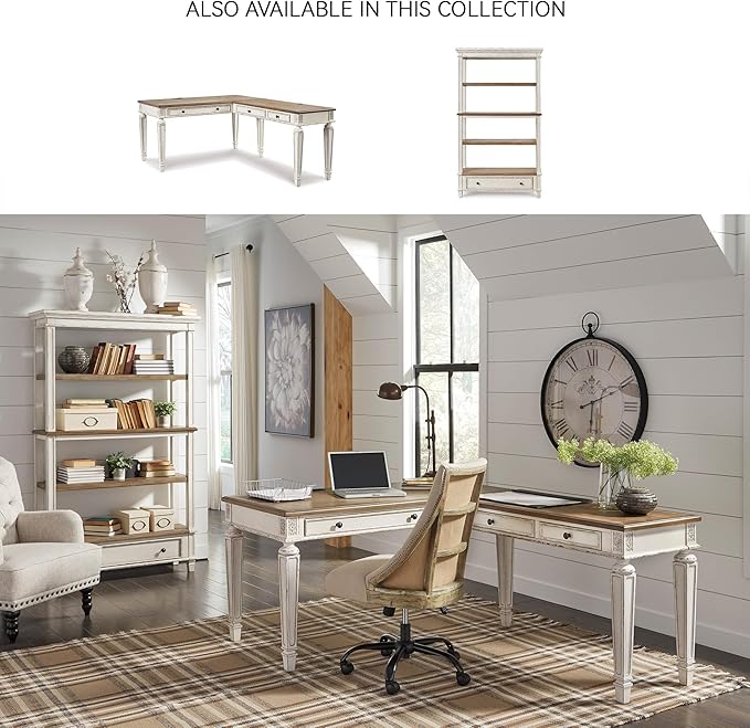 Signature Design by Ashley Realyn Cottage L-Shaped Distressed 2-Piece Home Office Desk with Power Supply and USB Ports White &amp Light Brown