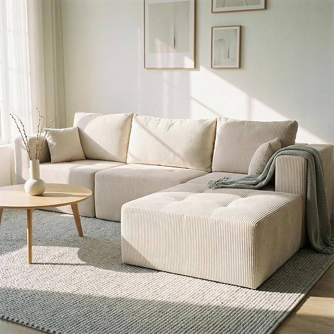 Boneless Cloud Couch with Movable Chaise Ottoman Moudular Sleeper Couch Dual-Core Support Spring &amp High-Resilience Foam 105 Corduroy Couch for Living Room No Assembly Beige