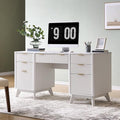 T4TREAM Fluted Executive Desk with Drawers 60 Modern Home Office Computer Desk with Charging Station File Cabinet Keyboard Tray and Storage Cabinet for Study Living Room Bedroom Solid White