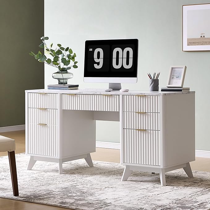 T4TREAM Fluted Executive Desk with Drawers 60 Modern Home Office Computer Desk with Charging Station File Cabinet Keyboard Tray and Storage Cabinet for Study Living Room Bedroom Solid White