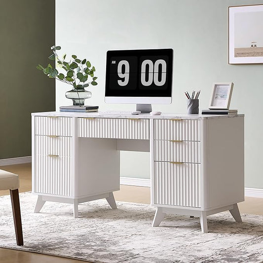T4TREAM Fluted Executive Desk with Drawers 60 Modern Home Office Computer Desk with Charging Station File Cabinet Keyboard Tray and Storage Cabinet for Study Living Room Bedroom Solid White