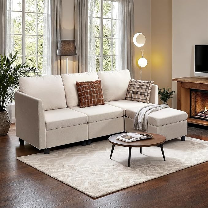 VEVOR Modular Sectional Sofa 3-Seater Modular Sofa with Hidden Storage Customizable Cloud Sectional Couch with Ottoman Solid Wood Frame Upholstered Couch for Living Room Bedroom Beige