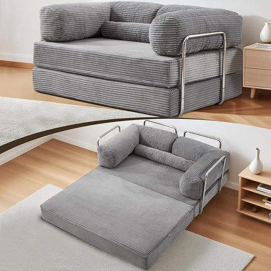 Folding Sofa Bed Convertable Corduroy Couch Convertible Sofa with Fixed-Shape Frame Modular Sectional for Living Room No Assembly Compression Foldable Sleeper (Gray)