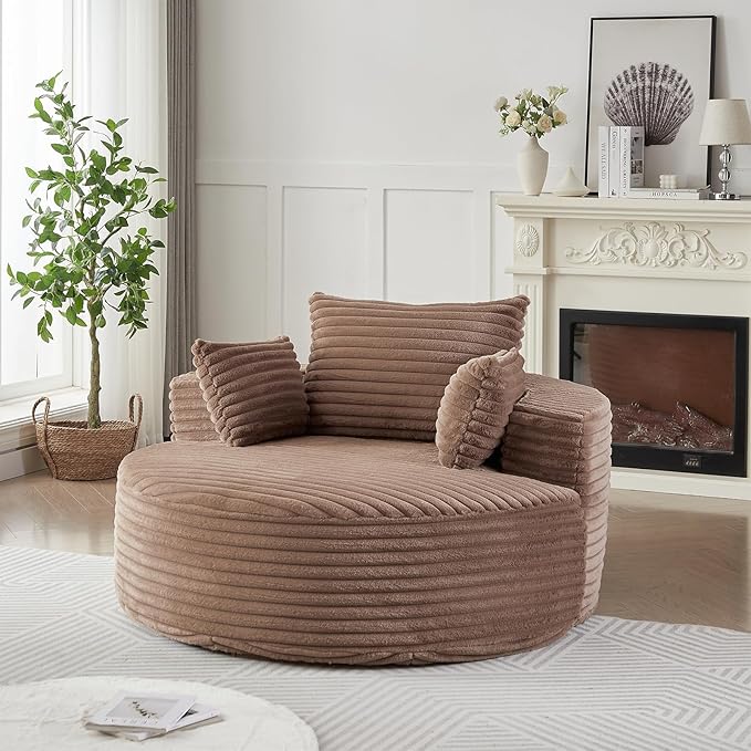 Oversized Round Chaise Lounge Chair Indoor 55W Circle Comfy Armchair with Deep Seat Floor Cloud Boneless Chair Upholstered Modern Cozy Sofa Chairs for Living Room Bedroom(Corduroy Brown)