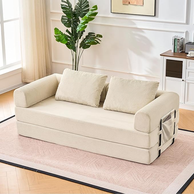 Convertible Sleeper Sofa Bed 78.7 Folding Floor Sofa Mattress Couch with Pillows Corduroy Futon Boneless Couch Lounge Loveseat with Pull Out Bed Beige