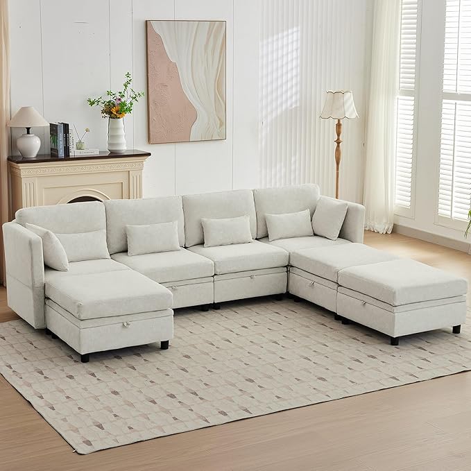 112 Modular Sectional Sofa with Storage U Shaped Sectional Sofa for Living Room Convertible Cloud Sectional Couch with Chaise 7 Seat Couch with Cushions Adjustable Backrest Design Beige