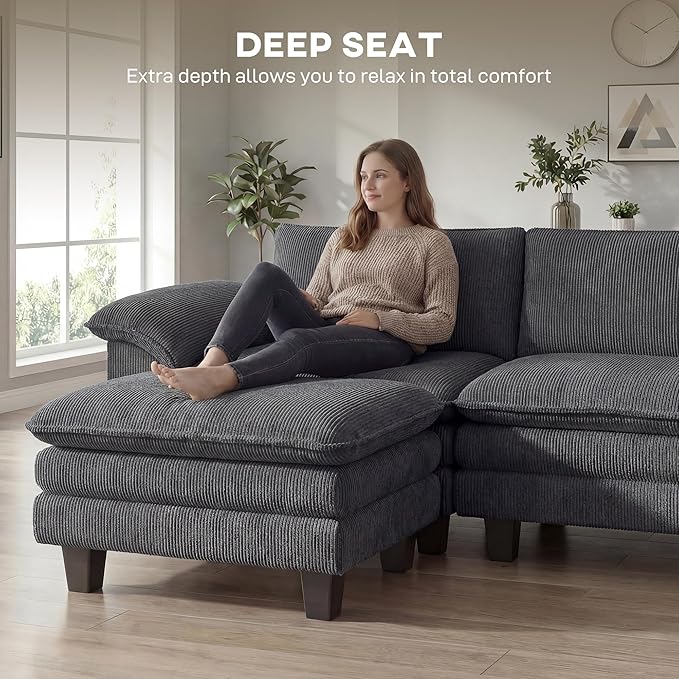 HOMCOM Modular Sectional Sofa Couch 124 Oversized L Shape Sectional Cloud Couch with Deep Seat Movable Ottoman and Pillow-top Armrests for Living Room Bedroom and Apartment Dark Gray | Deep seat